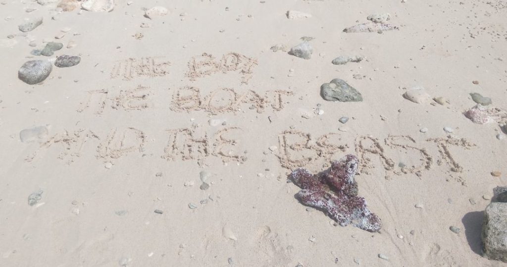THE BOY, THE BOAT, AND THE BEAST in the sand.
