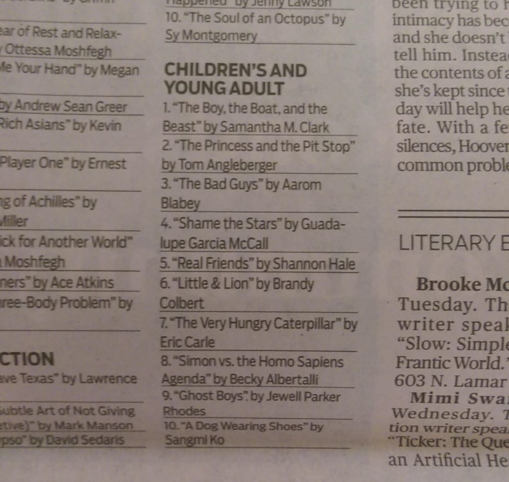 THE BOY, THE BOAT, AND THE BEAST is No. 1 on the Austin Statesman's Children's/Young Adult Bestsellers List!