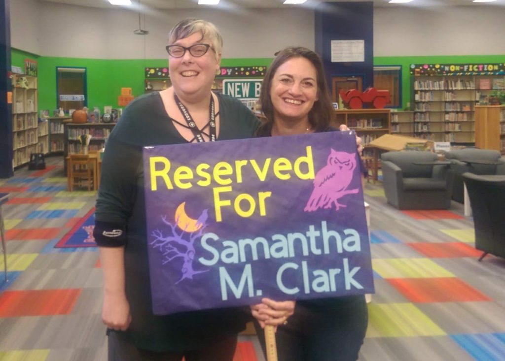 Boone Elementary librarian Michelle Lightbourne had a parking spot reserved for Samantha M Clark with this wonderful sign.