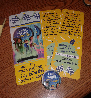 Bookmarks and pin for LEXI MAGILL AND THE TELEPORTATION TOURNAMENT by Kim Long