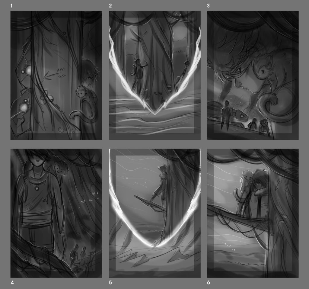 Sketches by illustrator Justin Hernandez for the cover of novel ARROW.