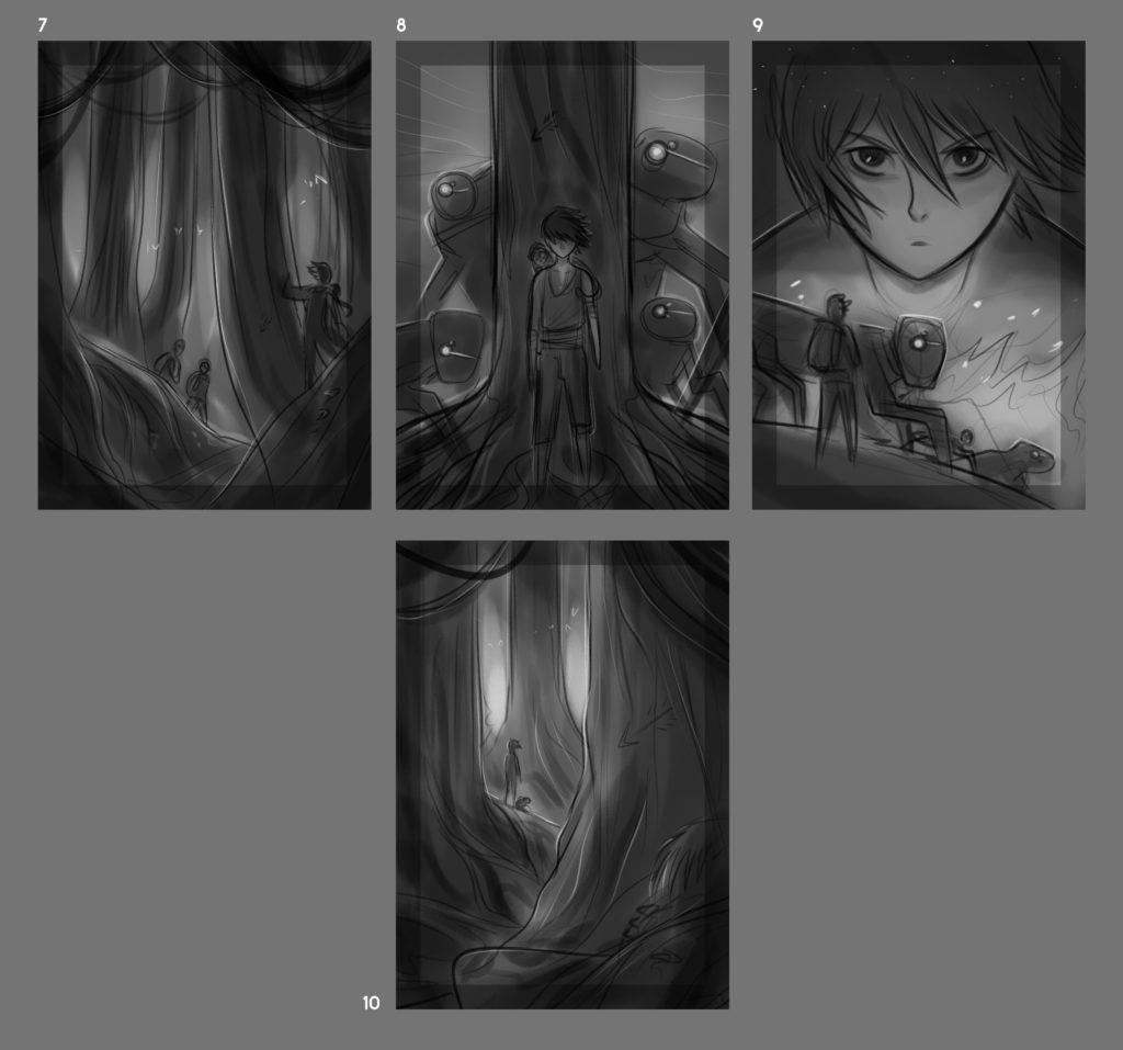 Sketches by illustrator Justin Hernandez for the cover of novel ARROW
