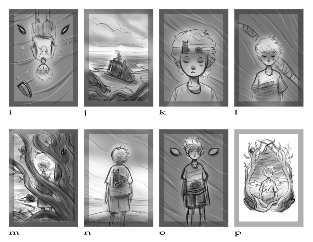Sketches by illustrator Justin Hernandez for the cover of THE BOY, THE BOAT, AND THE BEAST