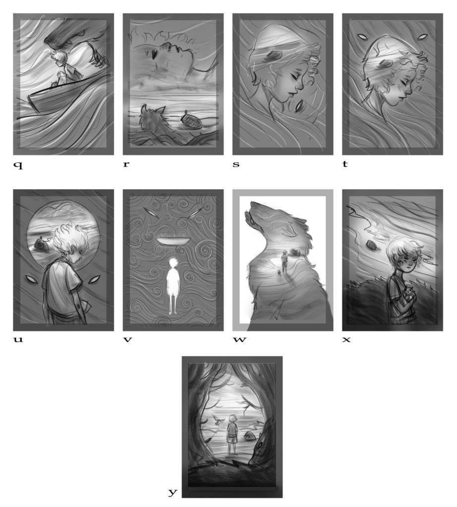 Sketches by illustrator Justin Hernandez for the novel THE BOY, THE BOAT, AND THE BEAST